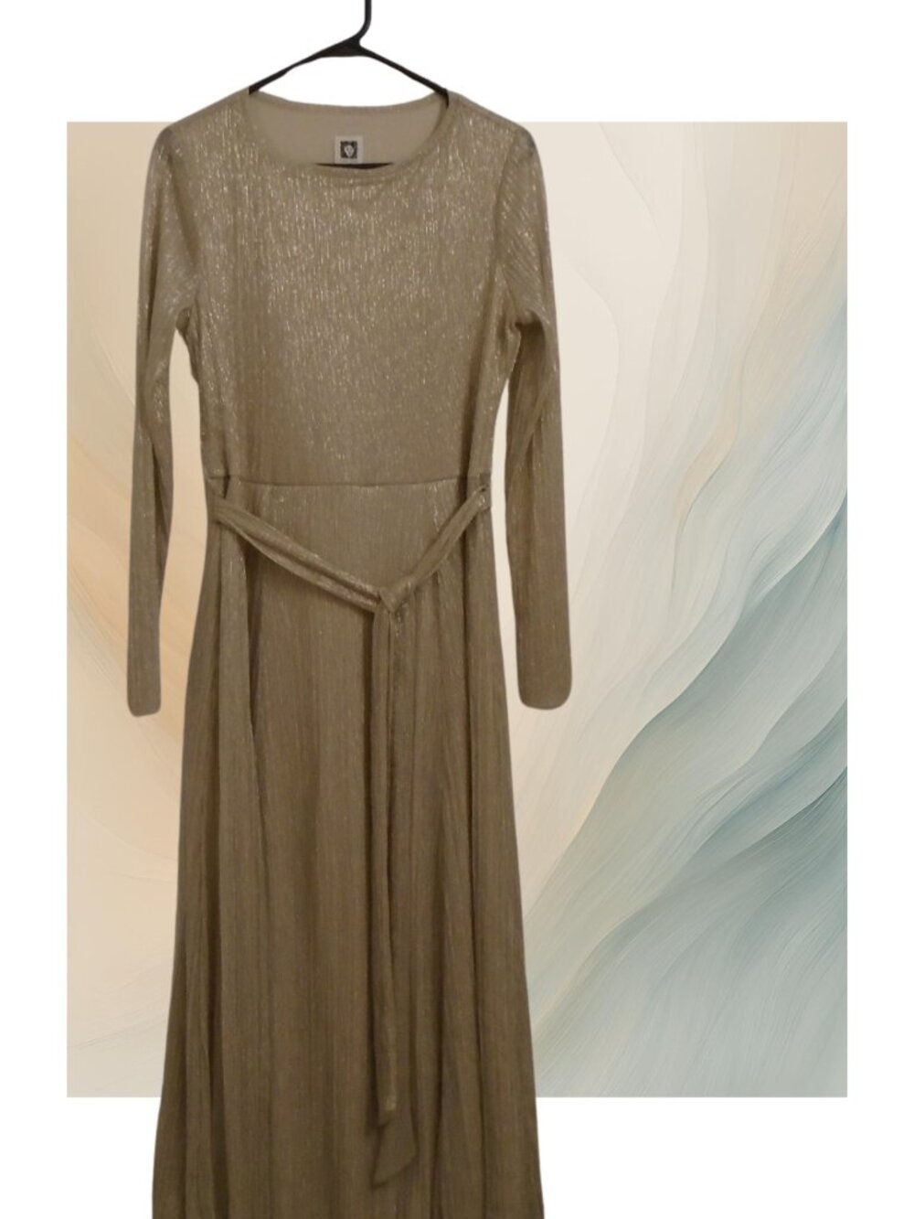 Ann Klein Gold Shimmering Maxi Dress Long Sleeve Size 10
